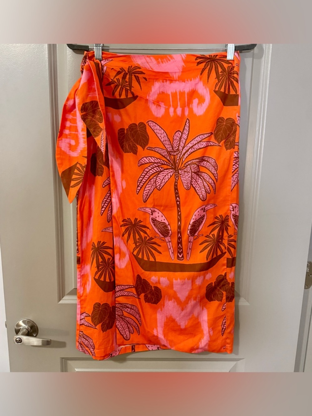 Culthera Grenadine Pareo Wrap Skirt Orange Pink Palm Toucan Ikat Print Cotton L - Picture 4 of 9